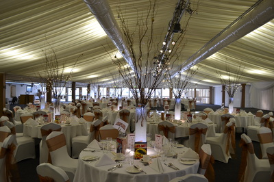 Winter wedding tree centrepieces in a marquee